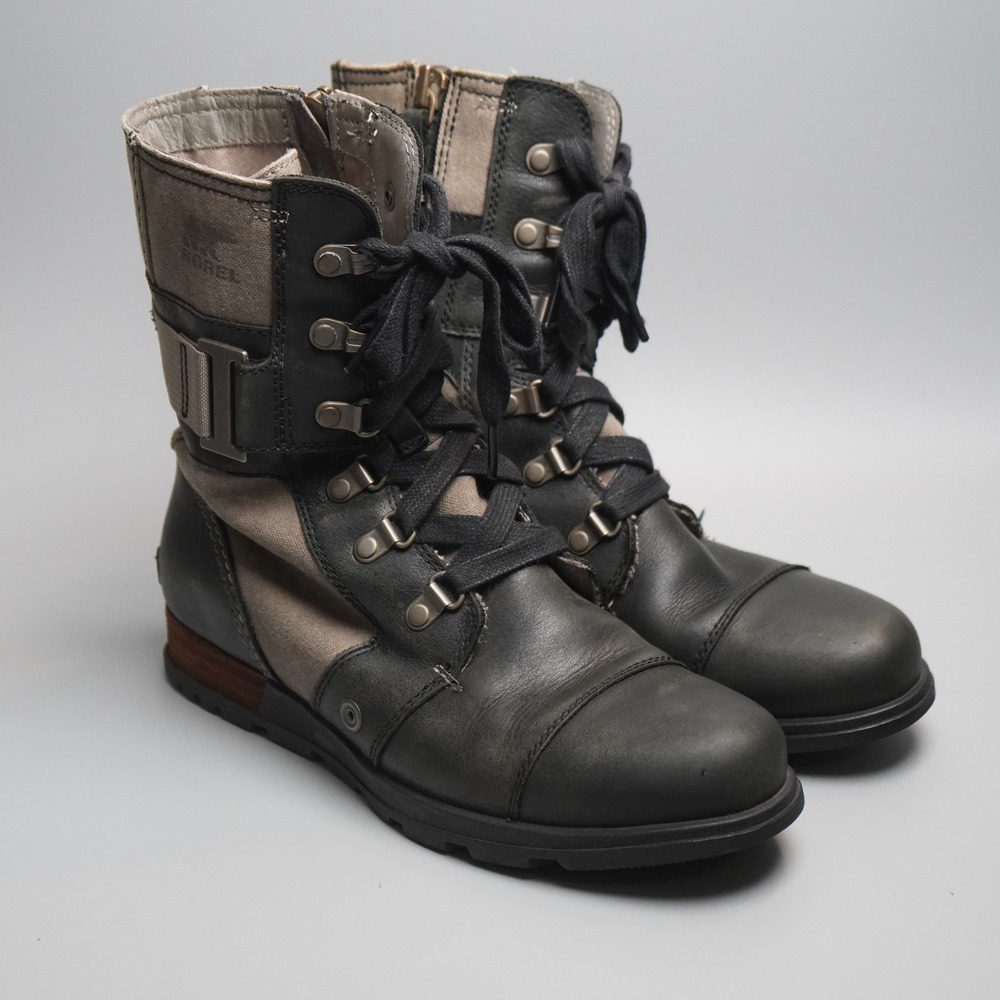 Sorel Major Carly Leather Canvas Boots Black Grill Womens 7 NL2157-252 Military